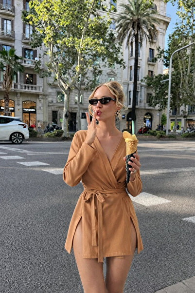 COMBİNE MİCHAİL Women's Summer Basic Belted Beige Kimono