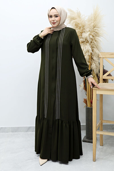 Tesettür Dünyası Front Piece Piped Ruffled Hijab Ferace Tsd260143 Khaki