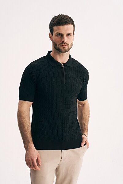 SILVANO تي شيرت رجالي بياقة بولو ونصف سحاب ذو ملمس بارز من التريكو