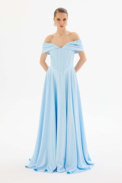 Carmen Baby Blue Low Sleeve Long Satin Evening Dress
