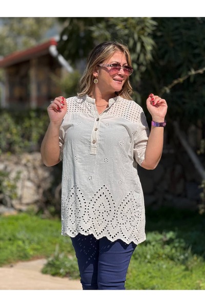 Punta Otantik Yg83349 Italian B Embroidered I P Cotton Linen Blouse Cream