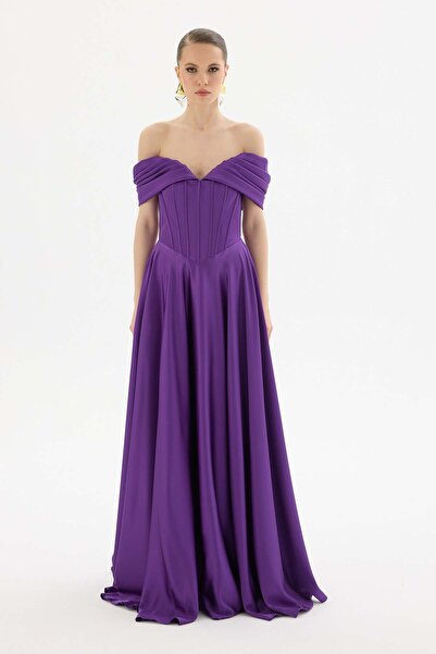 Carmen Mor Düşük Kol Uzun Saten Abiye Elbise