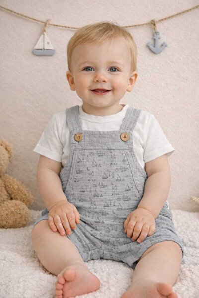 krm kerem bebe 100% Cotton Muslin Fabric Sailing Patterned Salopet & Tshirt 2...