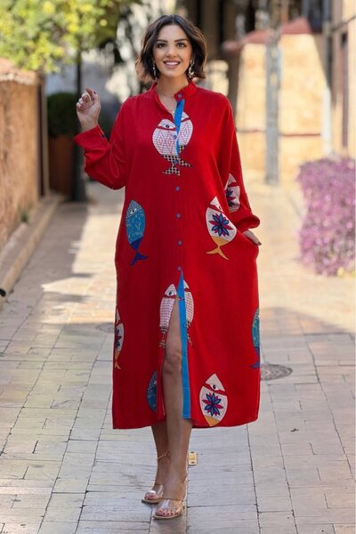 Nevin Kaya Moda فستان قميص السمك بلون الرمان