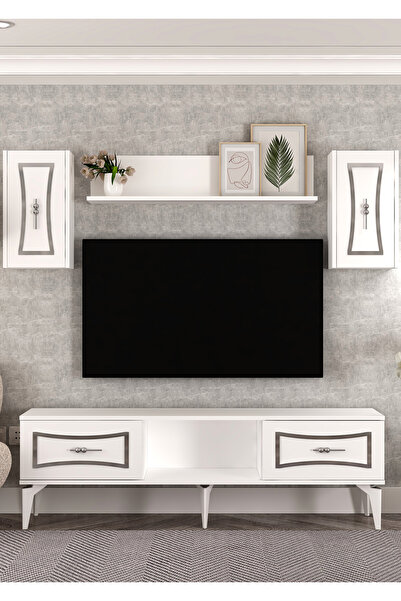 DEMONTE DECOR 1398TV150DD-32 TV ÜNİTESİ TAKIMI, SEHPASI BEYAZ-GÜMÜŞ