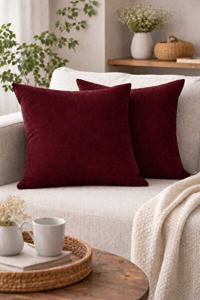 BURCIN HOME Bordo Kırlent Kılıfı 45x45 cm İkili Set Dekoratif Yastık Kılıfı M...