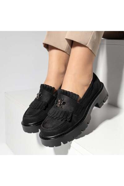 Modlet.ro Women's black suede casual shoes with decorative accessory MOD14197