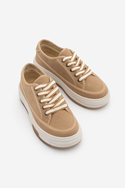 Marjin Women's Sneakers High Sole Lace-Up Fabric Sports Shoes Kotnel Camel Linen