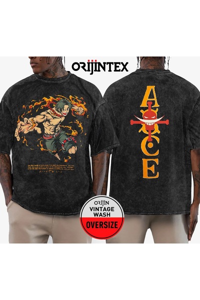 orijintex One Piece Ace Ön Arka Baskılı Yıkamalı Oversize Vintage Tshirt