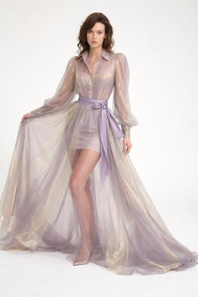 MERT ERKAN Balloon Sleeves & Two Full Circle Openings t Sheer Organza g Shirt...
