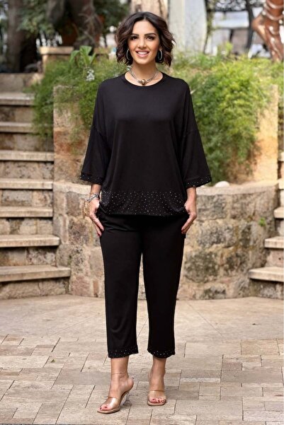 Nevin Kaya Moda Чорні штани з кантом і блуза, комплект з двох предметів