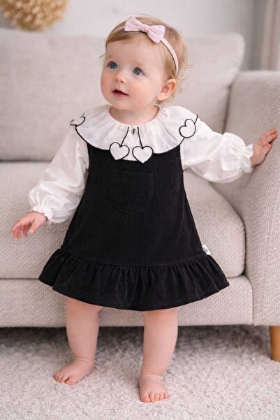 krm kerem bebe Eid Heart Patterned Shirt & Corded Fabric Velvet Strap Salopet...