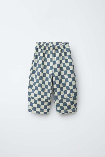 Magu Unisex Çocuk Pamuklu Gri Dama Desenli Eşofman - Lastikli Bel Rahat Kesim