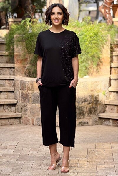 Nevin Kaya Moda Black Half-Stone Capri Set