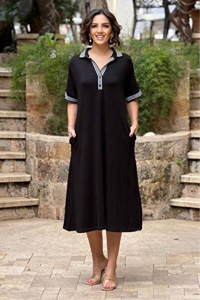 Nevin Kaya Moda Μαύρο φόρεμα με λεπτομέρεια στο λαιμό Ριγέ