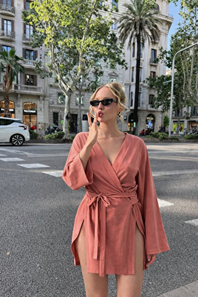 COMBİNE MİCHAİL Women's Summer Basic Belted Pink Kimono