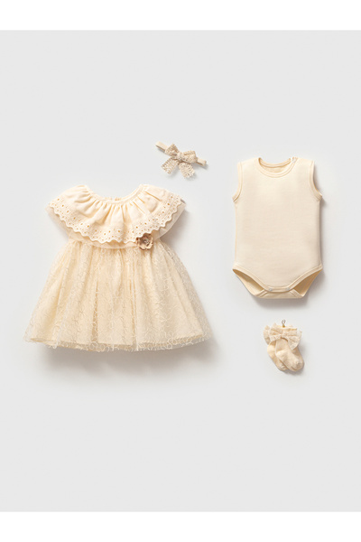 Mert Baby Eyelet Embroidery Collar Detail Lace Piece Dress Set with 4-Piece L...