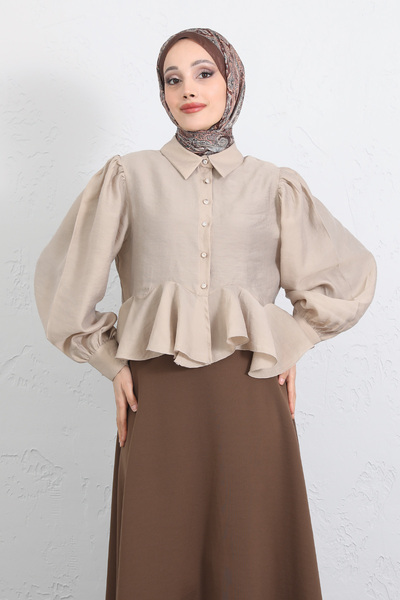 Salih Çelebi Flywheel Detailed Balloon Sleeve Shirt Y0095 - Bej