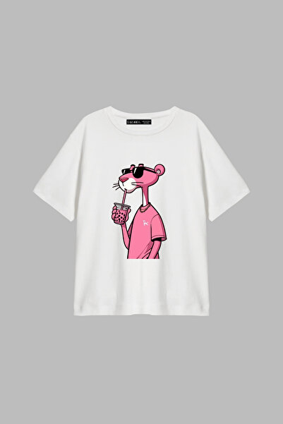 Bak Moda تي شيرت نسائي أبيض من Pink Panther V2 مطبوع بقصة مريحة