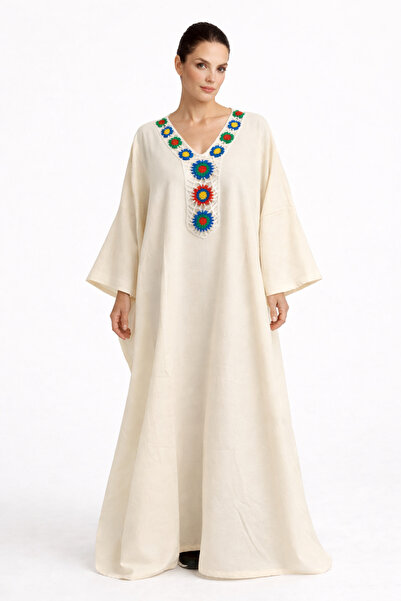 Marever Fashion Linen Oversized Handmade Collar Ecru Long Dress