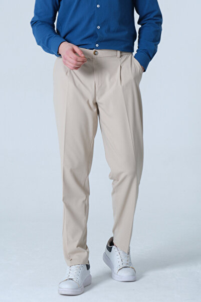 RELAXL 4 Seasons Pleated Regular Fit Beige Men's Fabric Trousers 2Xs-10Xl