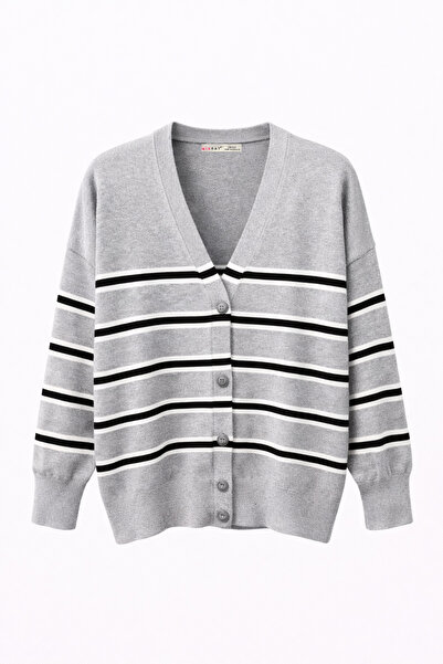 Mixray 7028 Women's Striped Basic Knitwear Cardigan Light Gray