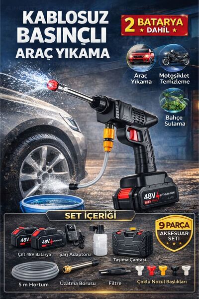 Zineets Akülü Şarjlı Yüksek Basınçlı Araç ve Bahçe Yıkama Temizleme Tabancası...