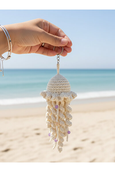 Savnera Denizanası Jellyfish El Yapımı Boncuklu Krem Rengi Örgü Anahtarlık Ça...