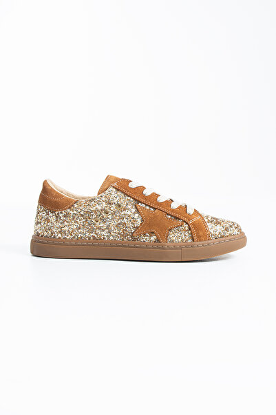 Siena Shoes سيندرا للنساء جلد أصلي حذاء رياضي ذهبي لامع/أسمر جلد سويدي
