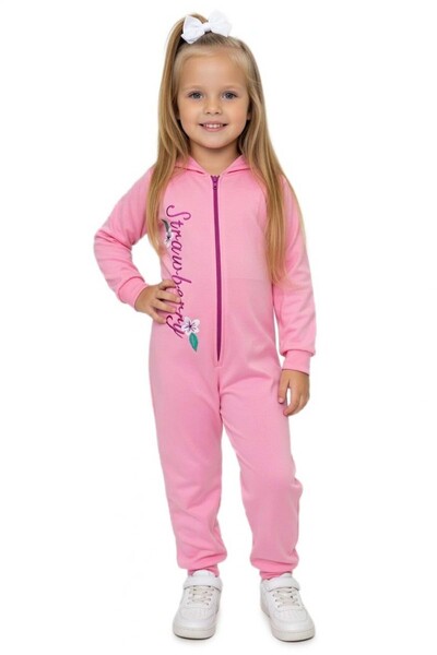 Riccotarz Baby Girl Pink Jumpsuit with Strawberry Text and Embroidered Strawb...