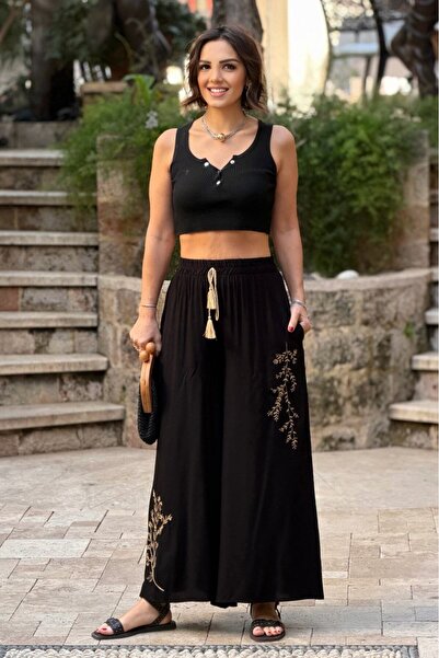 Nevin Kaya Moda Black Cream Embroidered Trouser Skirt