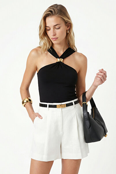 Ritnice Women's Amanda Lüx Touch Gold Buckle Detail Black Knitted Blouse