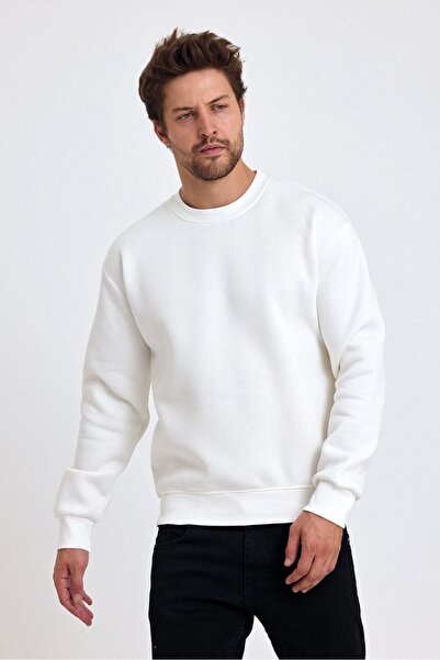 TENA Men's Ecru Crew Neck Three Thread Basic Sweatshirt