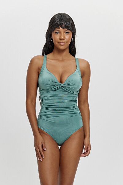Louren Women's Solid Green Fixed-Cup Triangle Shaping / Sculpting Swimsuit