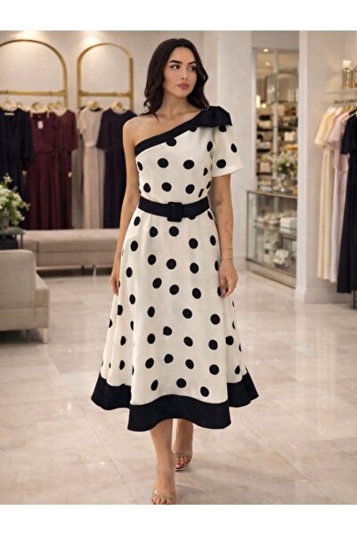 Modayakamoz Women's Off-Shoulder Bow and Polka Dot Detail Maxi Dress