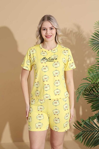 lindros Kadın Sarı Civciv Baskılı Şortlu Pijama Takımı Rahat Yazlık Ev Giyim ...
