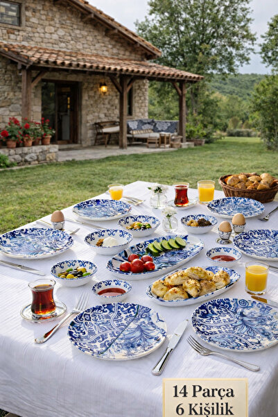 COCEM 14 Parça 6 Kişilik Porselen Kahvaltı Sunum Seti Lüx Desenli Servis Taba...