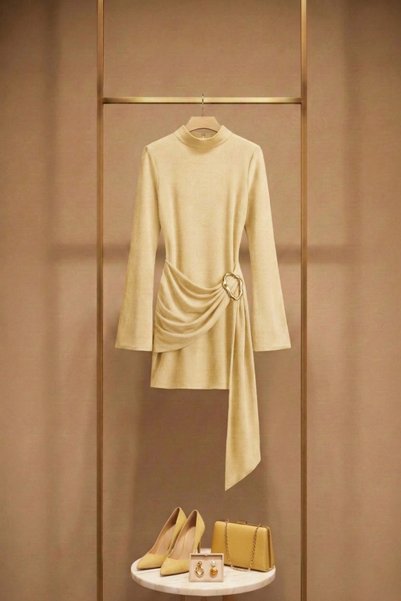 PASTELASTORE Buckle Detail Belted Mock Neck Mini Women’s Dress