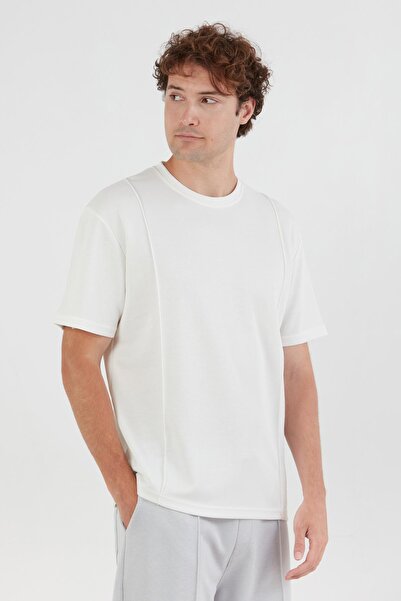 TENA Men's Ecru Crew Neck T-Shirt with Grass Stitching on the Front Modal