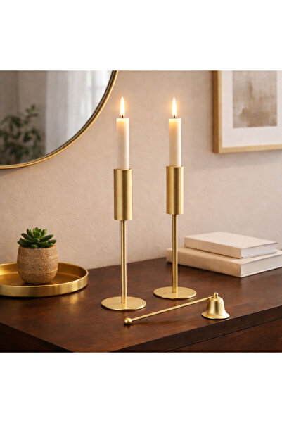 MİSSCAFE Pirinç El Yapımı Mum Söndürücü ve 2 Adet Şamdan