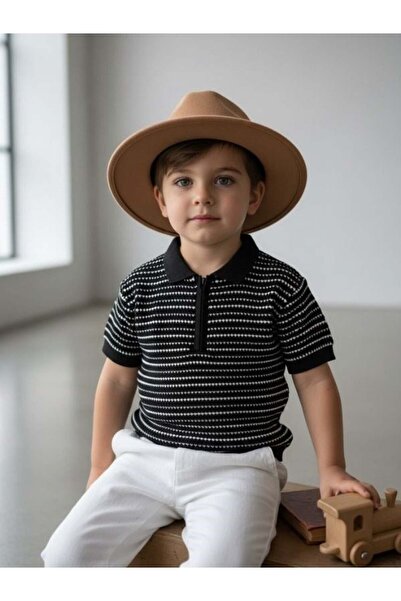 Zekids Baby Boy Zippered Collar Striped Knitwear T-Shirt