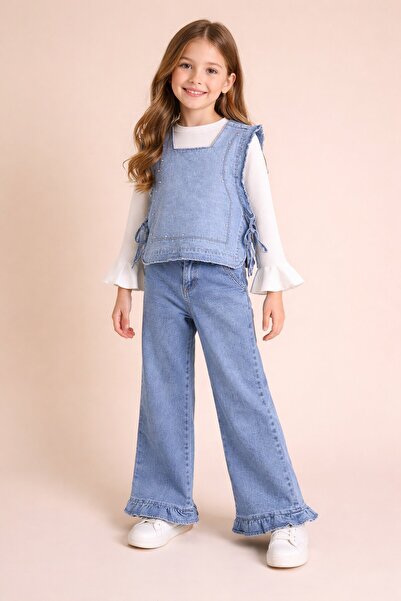 Cansın Mini Blue Wide-Legged Trousers and Stone Detailed 3-Piece Girls' Jean ...