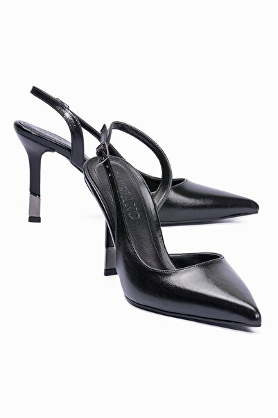 Mubiano حذاء نسائي بكعب ستيليتو مدبب ومفتوح من الخلف حذاء بكعب كاميليا أسود