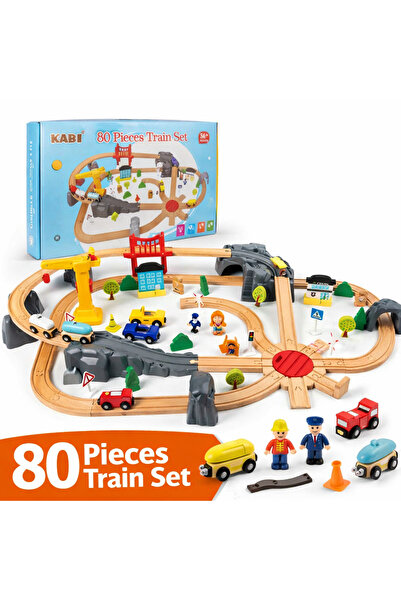 OEM Set de trenuleț și oraș din lemn KABI – 80 de piese