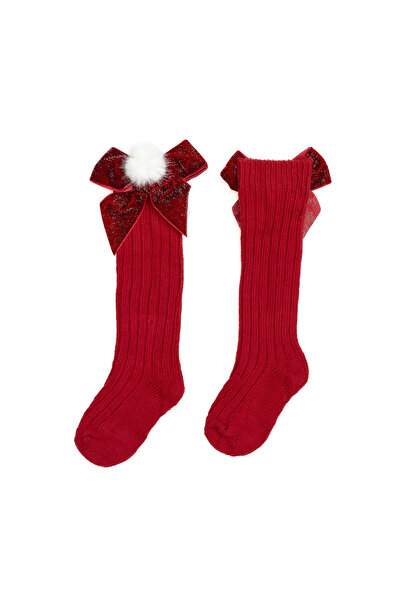 melvelo Crocheted Cotton Long Socks with Bow, Christmas - Red 1-2 Years