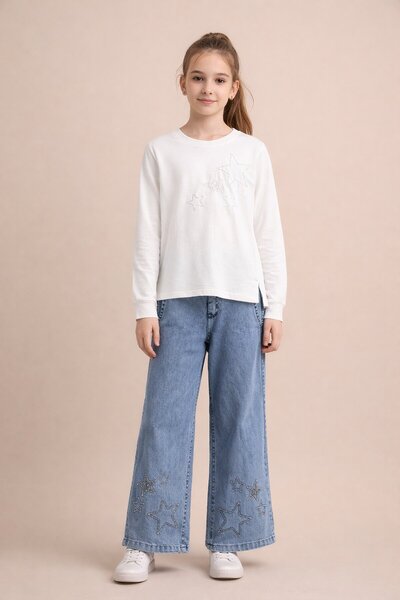 Cansın Mini Dvodelni set za devojčice sa izvezenom zvezdom u boji krem, sa fa...