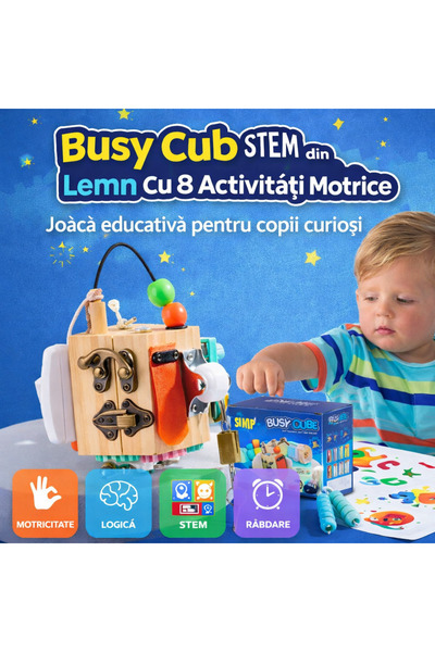 OEM Cub STEM din lemn - Jucărie cu 8 activități pentru abilități motorii