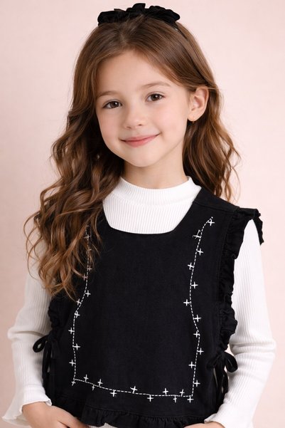 CansınMini Black Wide-Legged Trousers and Stone Detailed 3-Piece Girls' Jean Set 23739