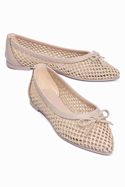Mubiano Γυναικεία Ψάθινα Παπούτσια Μπαλαρίνα με Μυτερή Μύτη Λεπτομέρεια με φι...