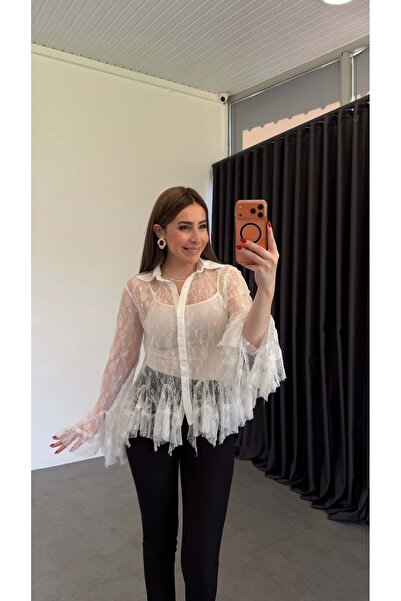 elif teke Six Ruffles Lined Tulle Lace Pack Shirts White